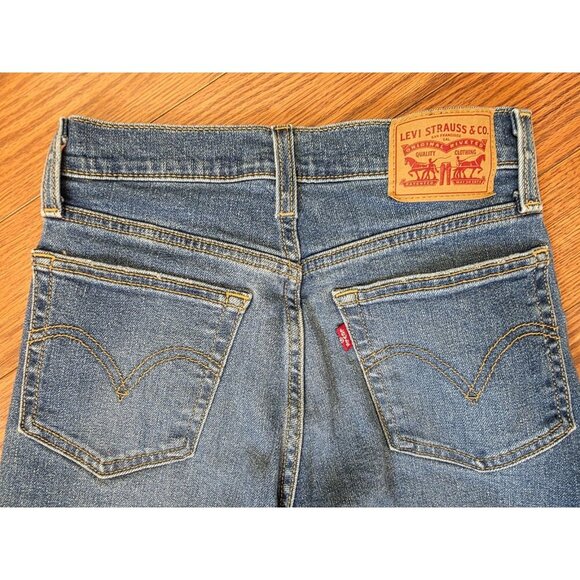 Levi's Wedgie Straight Leg Jeans Womens Sz 25 Dark Wash Distressed Button Fly - Picture 9 of 11